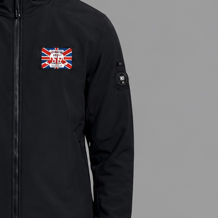 The NFC tag sewn onto the upper sleeve of an RPND softshell jacket, beside the crest on the chest