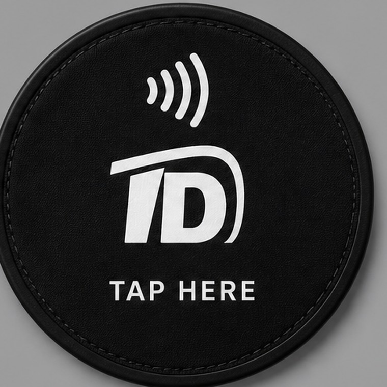 Close-up of the contactless NFC tag: a stitched circular patch reading Tap Here with a contactless symbol