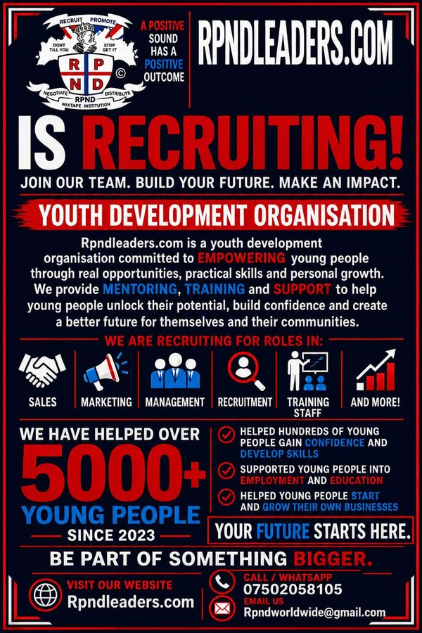 RPND Leaders recruitment poster: recruiting for sales, marketing, management, recruitment and training staff roles