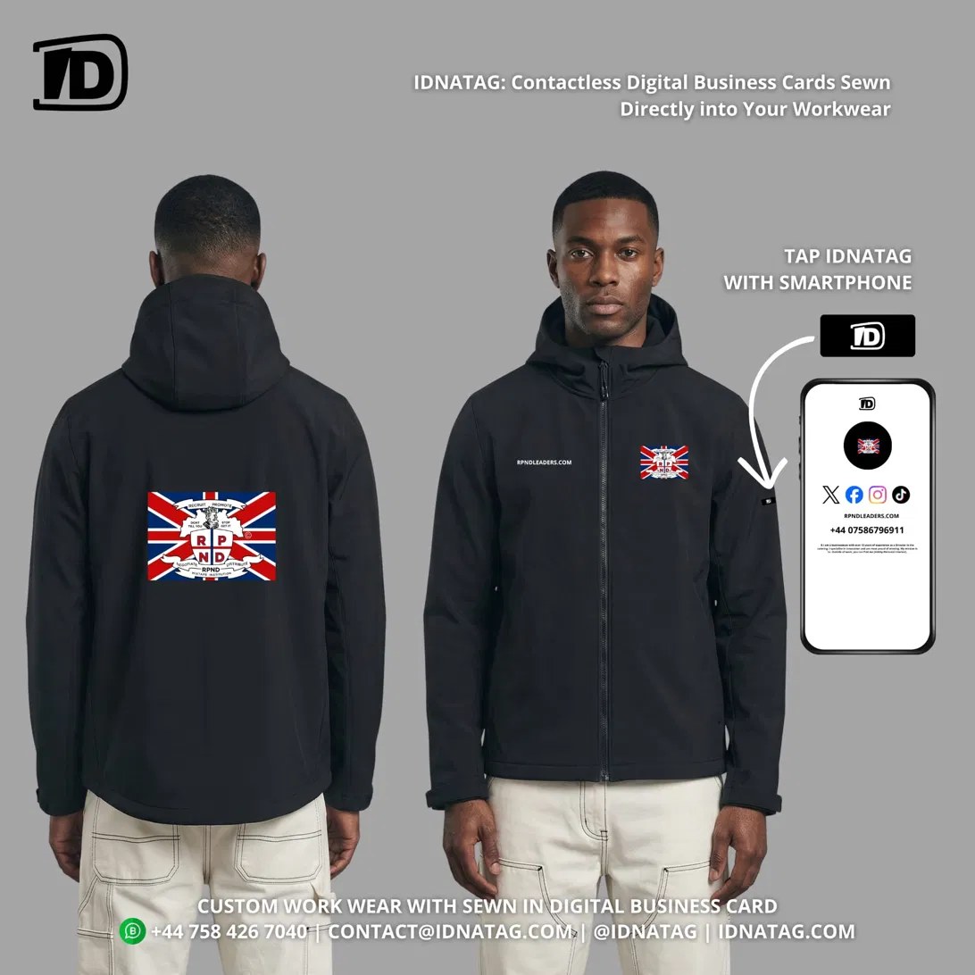 RPND softshell jacket shown front and back: crest on the back, crest and rpndleaders.com on the chest, and an arrow pointing to the NFC tag on the sleeve