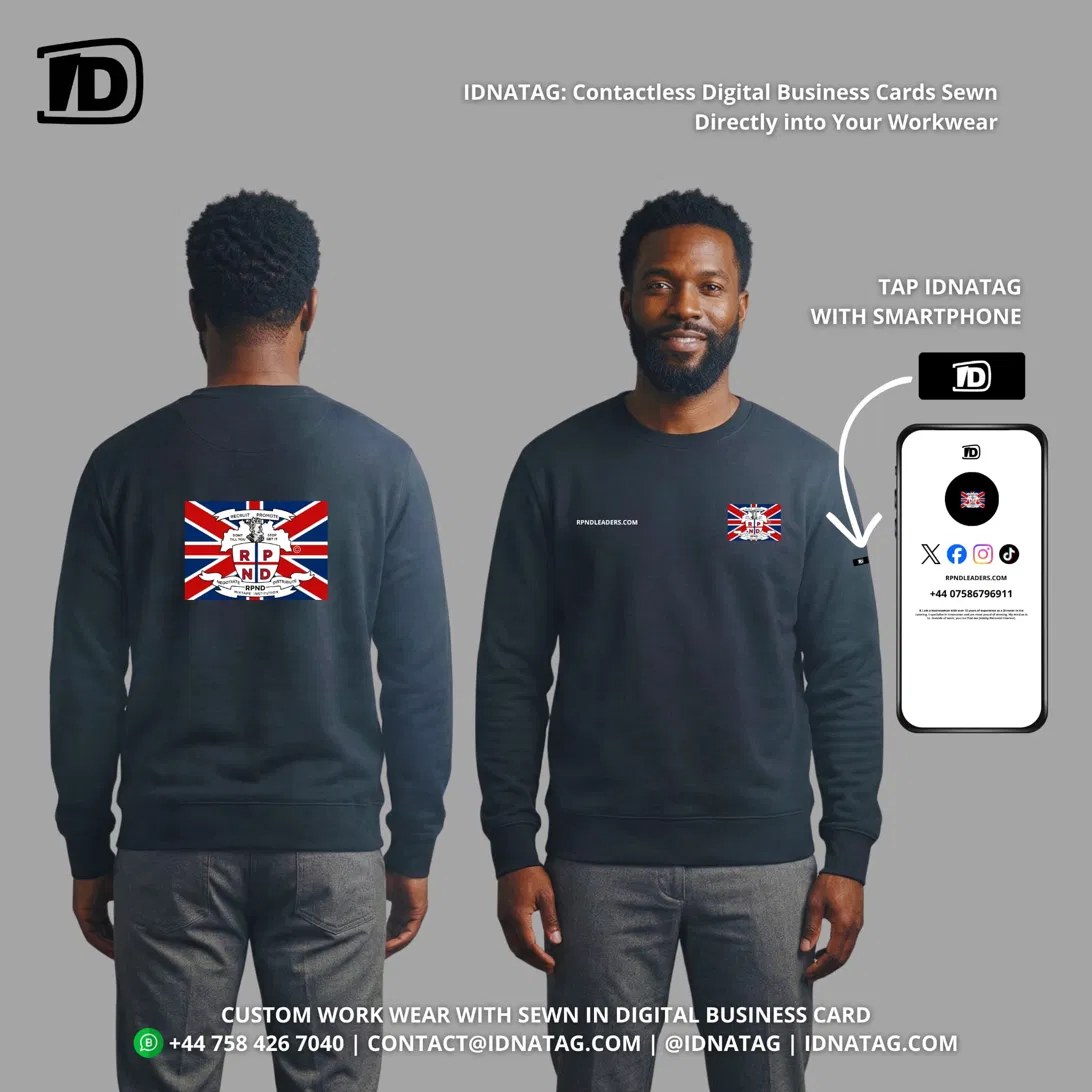 RPND crew sweatshirt shown front and back: crest on the back, crest and rpndleaders.com on the chest, and an arrow pointing to the NFC tag on the sleeve