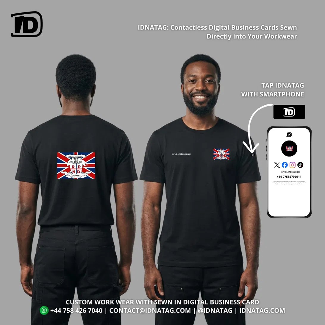 RPND t-shirt shown front and back: crest on the back, crest and rpndleaders.com on the chest, and an arrow pointing to the NFC tag on the sleeve