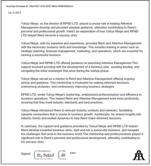 Scanned testimonial letter about Yahya Ntege and RPND Ltd, dated 11 March 2023 and signed via DocuSign by Remi of Attentive Management