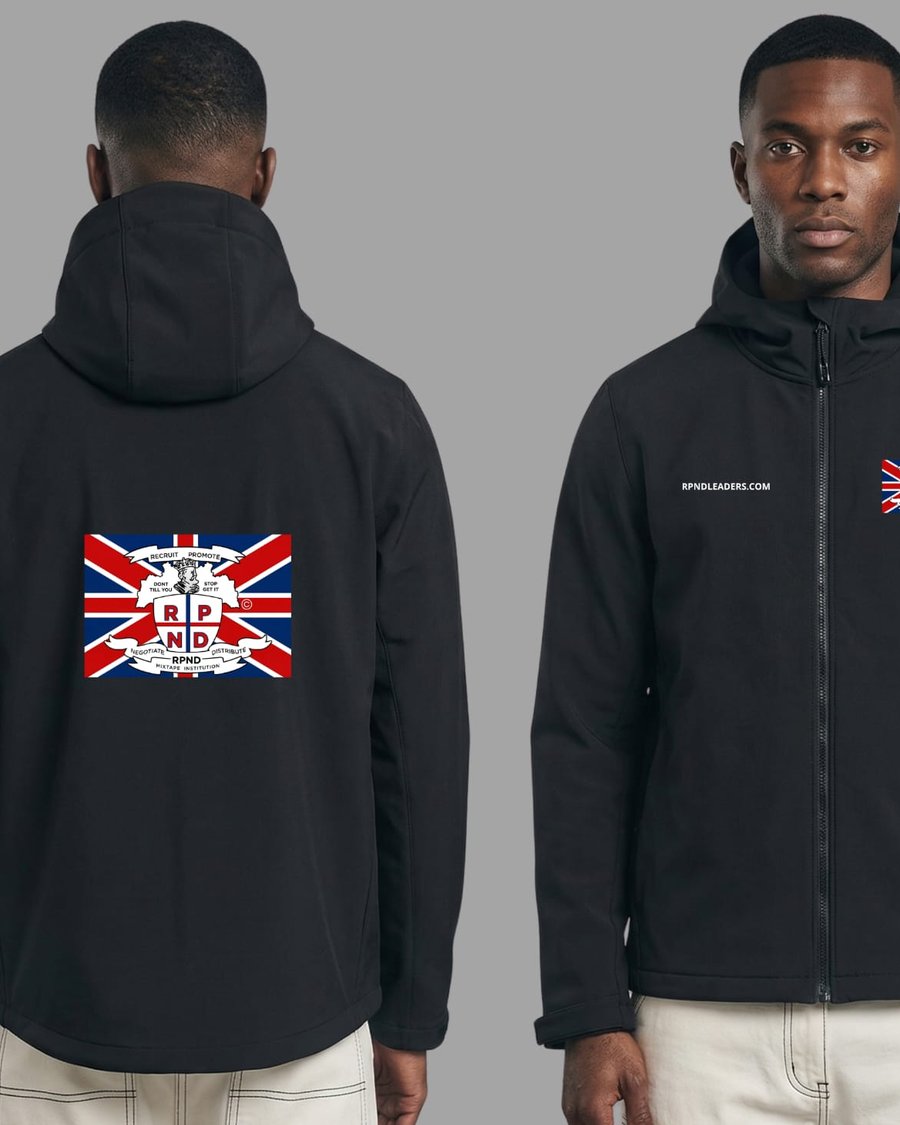 RPND softshell hooded jacket, front and back, with the Mixtape Institution crest